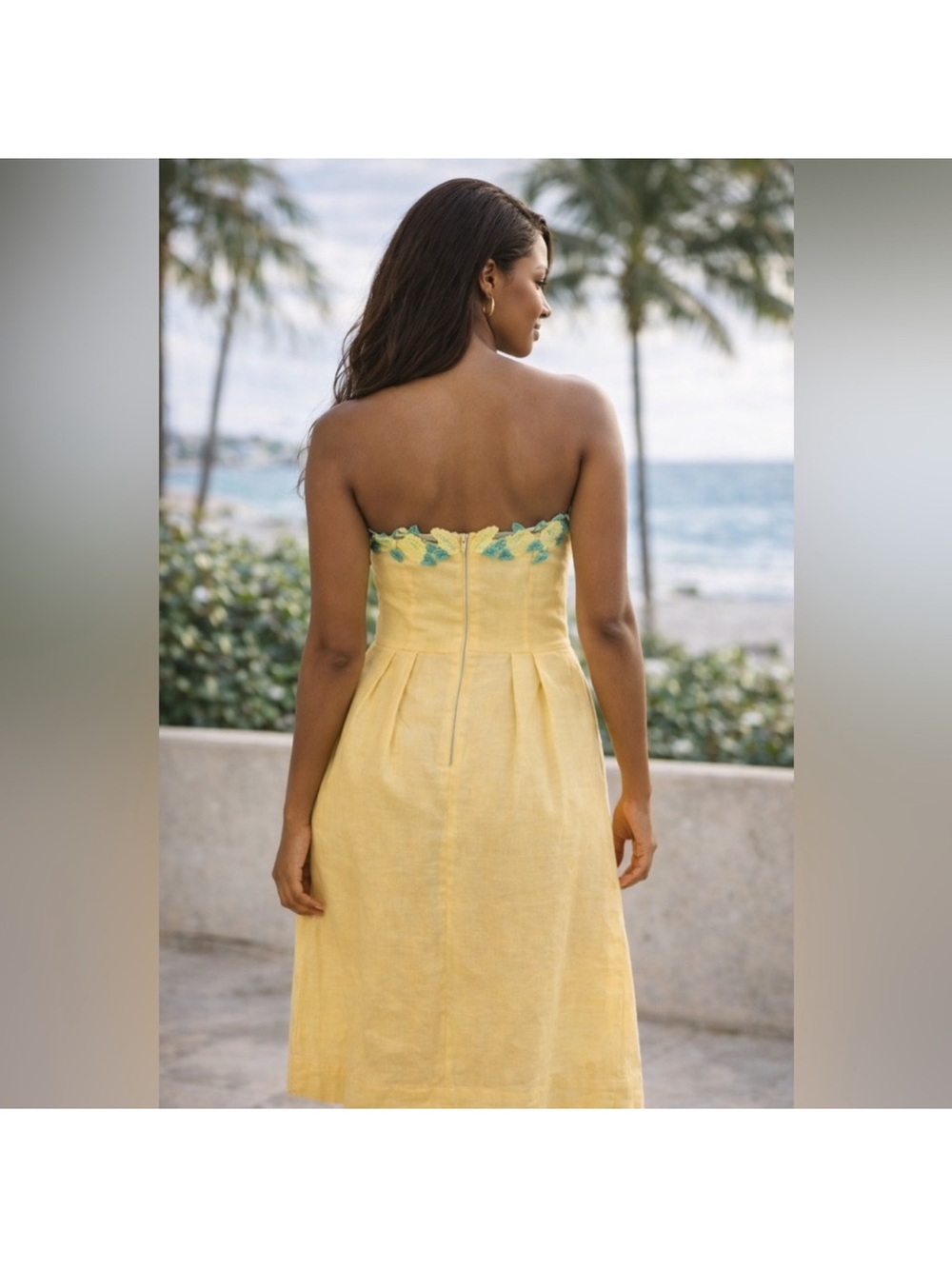 Fanm Mon Strapless Yellow Dress with Green Embroidered Trim
